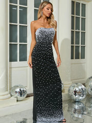 Black Strapless Pearls Beaded Embellished Maxi Dress