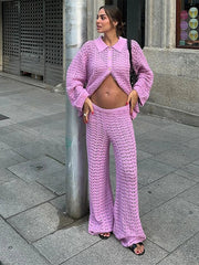 Hollow Out Sweater and Pants Knitting Cardigan Set