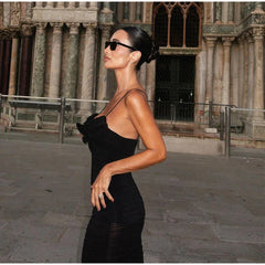 Sleeveless Black Ruffle Edge Bodycon Pleated Dress