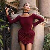 Pleated Off-Shoulder Long Sleeve Mini Dress