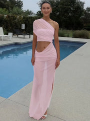 Mesh Backless One-Shoulder Long Dress
