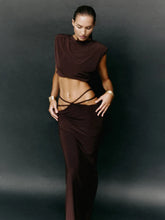 Brown Slash Neck Ankle-Length Skirt Suit