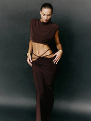 Brown Slash Neck Ankle-Length Skirt Suit