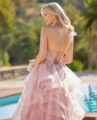 Glitter Lace Appliqué Pink Fluffy Ruffles Prom Dress