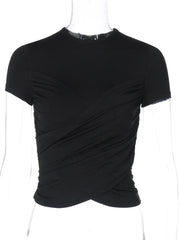 Black Pleated Bandage Cropped T-Shirt Y2K Streetwear