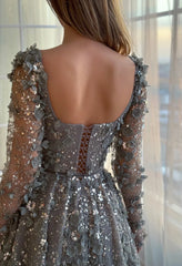 3D Floral A-Line Evening Gown Long Sleeves