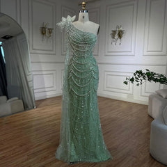 Pearl Embellished Sage Green Mermaid Evening Gown