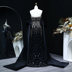 Crystal Tassel Black Evening Dress with Straps / Cape Strapless