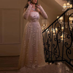 3D Flowers Strapless Evening Dress with Long Sleeves