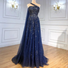 One-Shoulder Cape Sleeve A-Line Beaded Gown