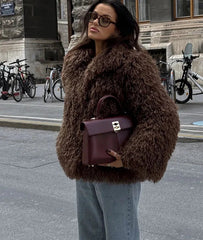 Turn Down Collar Faux Fur Coat