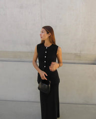 Knitted Sleeveless Top Slit High Waist Long Skirt Suit