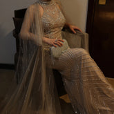 Caramel Mermaid Evening Gown with Cape Sleeves