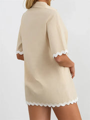 Contrast Short Sleeve Turn-Down Collar Mini Dress
