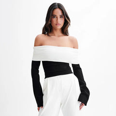 Off-Shoulder Patchwork Contrast Cropped Top