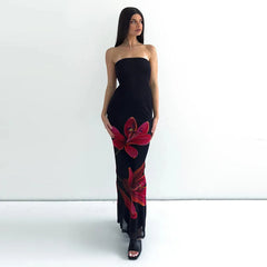 Black Tube Flower Print Back Tie Up Maxi Dress