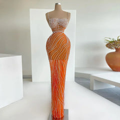 Orange Crystal Mermaid Evening Dress