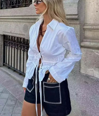White Ruffle Tied Long Sleeve Women's Blouse