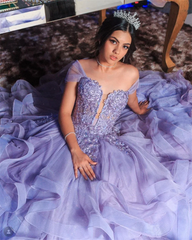 Lace Embroidery Glitter Fluffy Ruffle Purple Evening Dresses