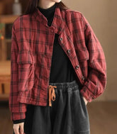 Vintage Cotton Linen Plaid Quilted Jacket