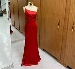 Red One Shoulder Mermaid Satin Party Dress Customized