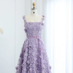 Lilac 3D Embroidered Flowers High Slit Evening Dress