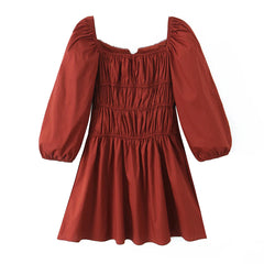 Bow Square Collar Puff Long Sleeve Elastic Waist Mini Dress