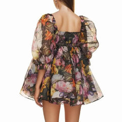 Black Floral Print Square Collar Puff Sleeve Mini Dress