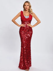 Swinging Neck Sequins Red Long Dress