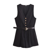 Side Zipper Belt Sleeveless Black Romper