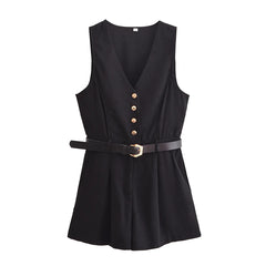 Side Zipper Belt Sleeveless Black Romper