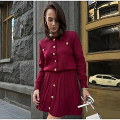 Slim Fit Elegant Burgundy Red Coat and Mini Skirt Set for Women