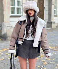 Velvet Zipper Fly Turn Down Collar Crop Jackets