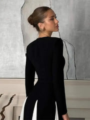 Pleated Patchwork Long Sleeve Maxi Dress