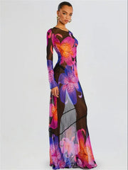 Chiffon Printed Backless Lace-Up Maxi Dress for Women