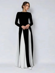 Pleated Patchwork Long Sleeve Maxi Dress