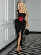 3D Flower Shiny Sequins Folds Long Dress