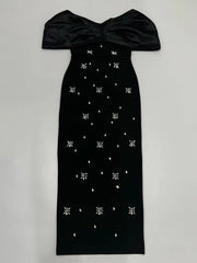 Off Shoulder Black Pleated Sleeves Crystal Dress