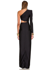 Black Inclined Shoulder High Split Draped Maxi Dress