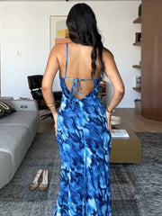 Halter Backless Blue Printed Lace-up Long Dress