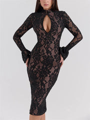 V-Neck Hollow Out Long Sleeve Black Lace Maxi Dress