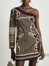 Printed Diagonal Neck Off One-Shoulder Patchwork Bead Dress