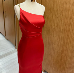 Red One Shoulder Mermaid Satin Party Dress Customized
