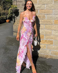 Flower Print Splits Irregular Tassel Patchwork Long Dress