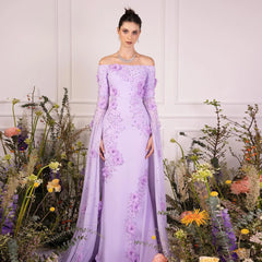 Off-Shoulder Lilac 3D Flowers Evening Dress with Cape Sleeves