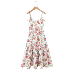 Flower Print Corset Style Ruffles Hem Midi Dress