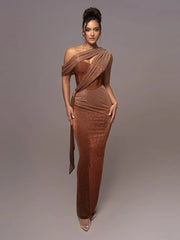 One Shoulder Draped Glitter Brown Maxi Dress