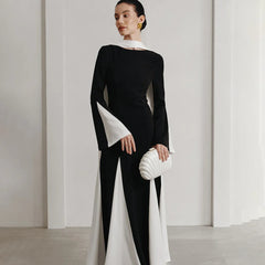 Ribbon Patchwork Pleated Long Dress