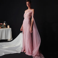 Off-Shoulder Flowing Cape Sleeves High Slit Prom Dress