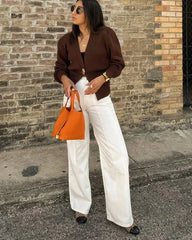 Knitted Single Button Long Lantern Sleeve Sweater